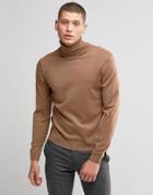 Farah Sweater In Merino Wool With Roll Neck In Slim Fit Camel - Tan