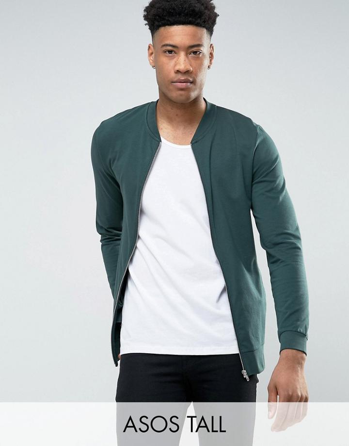 Asos Tall Lightweight Muscle Jersey Bomber Jacket In Green - Green