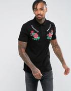 Asos Polo With Floral Embroidery And Text Print - Black