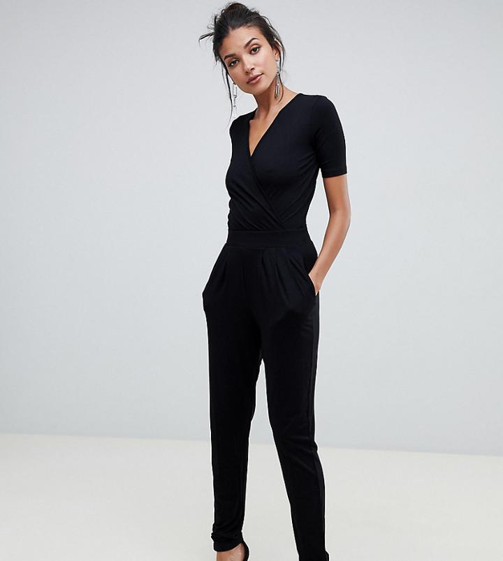 Asos Design Tall Wrap Front Jersey Jumpsuit With Short Sleeve-black