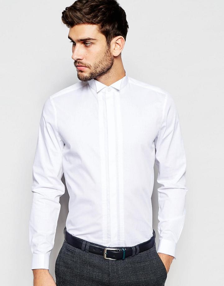 Asos White Shirt With Pleated Bib And Wing Collar In Regular Fit - White