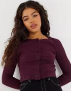 Asos Design Rib Cardigan Top With Buttons In Burgundy-red