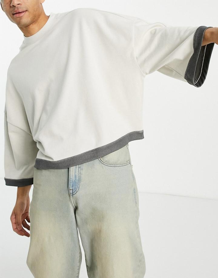 Asos Design Extreme Oversized Heavyweight Cropped Long Sleeve T-shirt In Beige-green