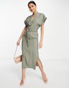 Asos Design Utility Pencil Midi Dress With D-ring Belt In Khaki-green