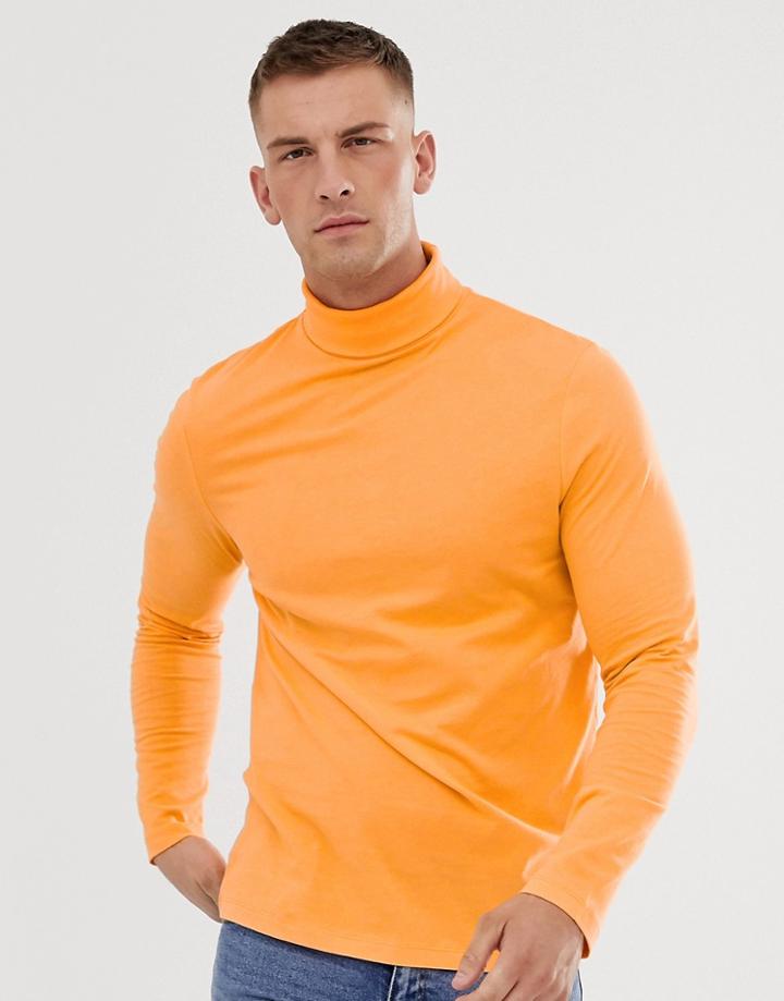 Asos Design Long Sleeve T-shirt Will Roll Neck In Orange - Orange