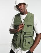 River Island 4 Pocket Vest In Khaki-green