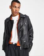 Asos Design Cropped Real Leather Moto Jacket In Black