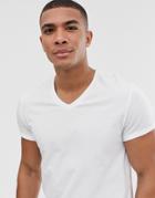 Asos Design T-shirt With V Neck And Roll Sleeve In White