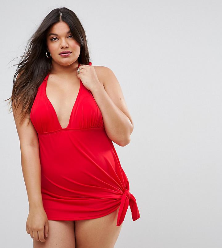 Asos Design Curve Tie Side Swim Dress - Red