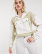 Asos Design Cord And Borg Cropped Hoodie In Cream-white