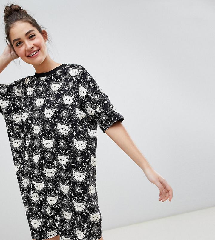 Monki Xmas Cat Print Night Dress In Black - Black