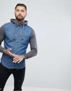 Pull & Bear Contrast Denim Shirt With Hood In Gray - Blue
