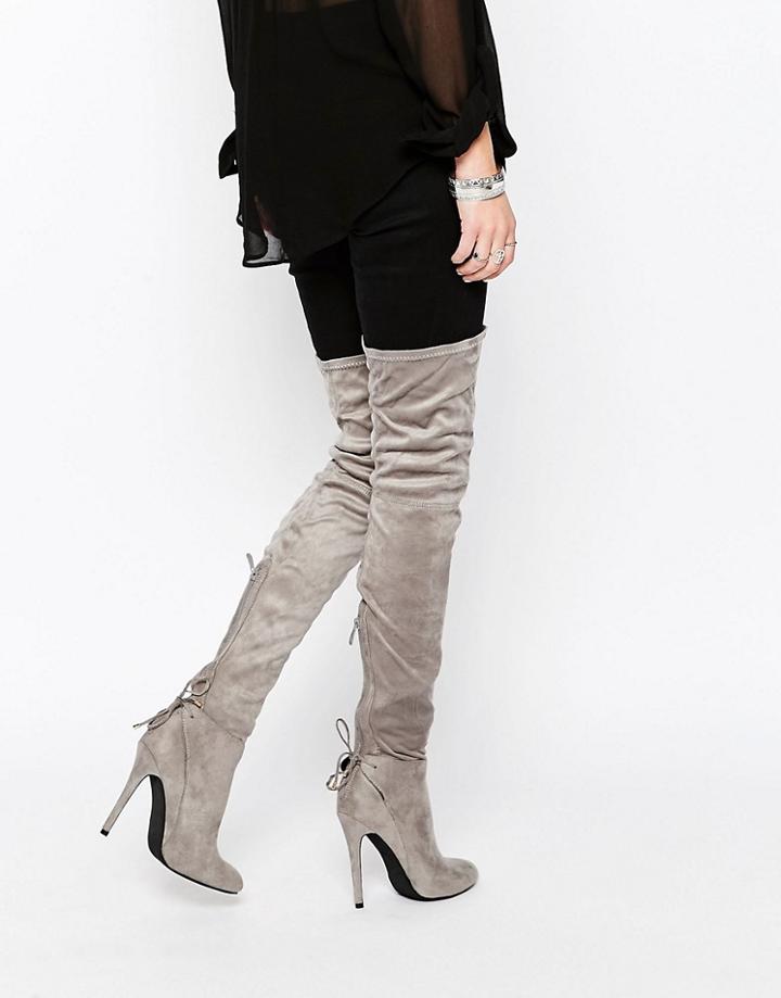 Public Desire Colette Heeled Thigh High Boots - Gray Suede