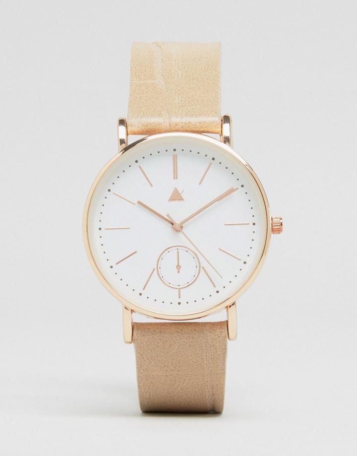 Asos Large Clean Dial Watch With Faux Crocodile Strap - Cream