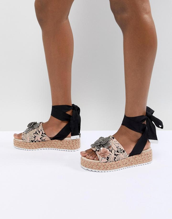 Asos Design Thyme Embellished Tie Leg Flatforms - Multi
