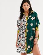 Liquorish Mini Shirt Dress In Floral And Animal Mixed Print-multi