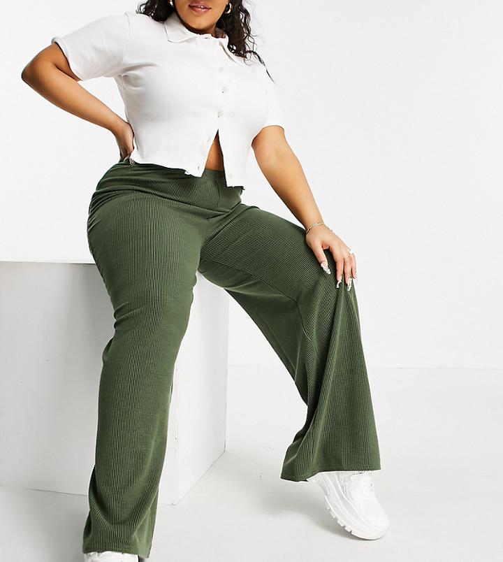 I Saw It First Plus Contrast Ribbed Wide Leg Pants In Green