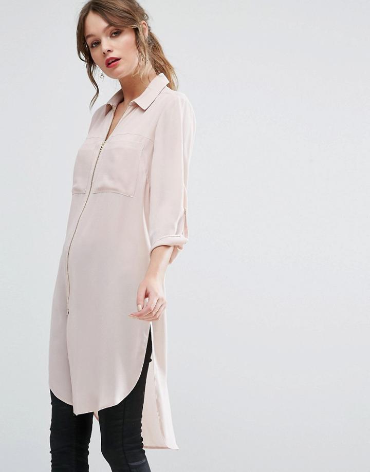 New Look Zip Front Longline Shirt - Pink