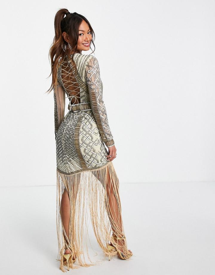 Asos Design Embellished Maxi Dress With Fringing And Lace Up Detail-yellow