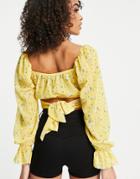 Parisian Ruched Front Tie Waist Crop Top In Yellow Floral