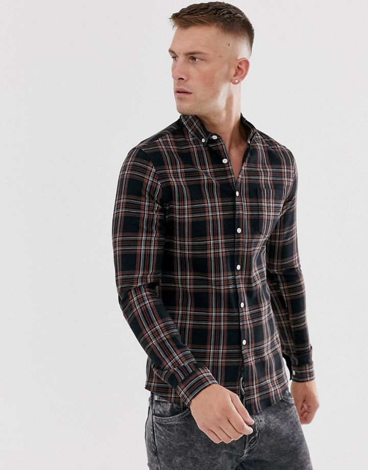 Asos Design Skinny Plaid Check Shirt In Black - Black
