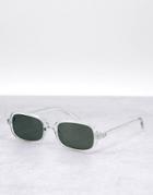 Asos Design Skinny Rectangle Sunglasses In Gray With Retro Green Lens-grey