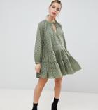 Asos Design Petite Tiered Trapeze Mini Dress In Broderie - Green