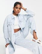 Only Oversized Light Wash Denim Shirt With Daisy Print - Part Of A Set-blue
