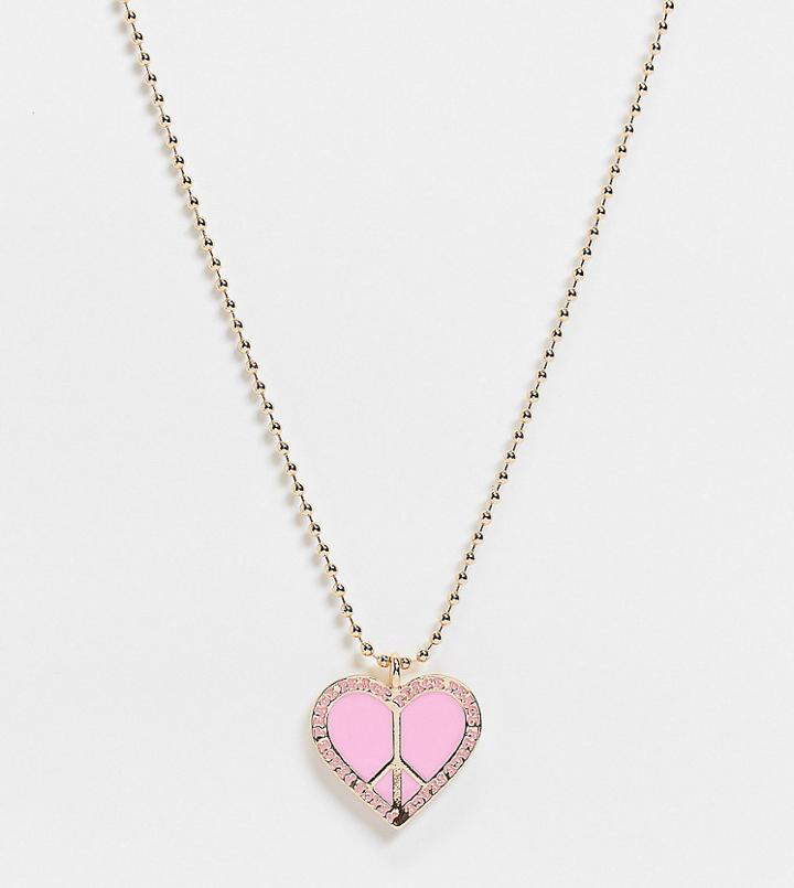 Reclaimed Vintage Inspired Necklace With Pink Enamel Peace Heart In Gold-multi