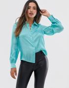 Fashion Union Button Down Shirt In Satin-blue