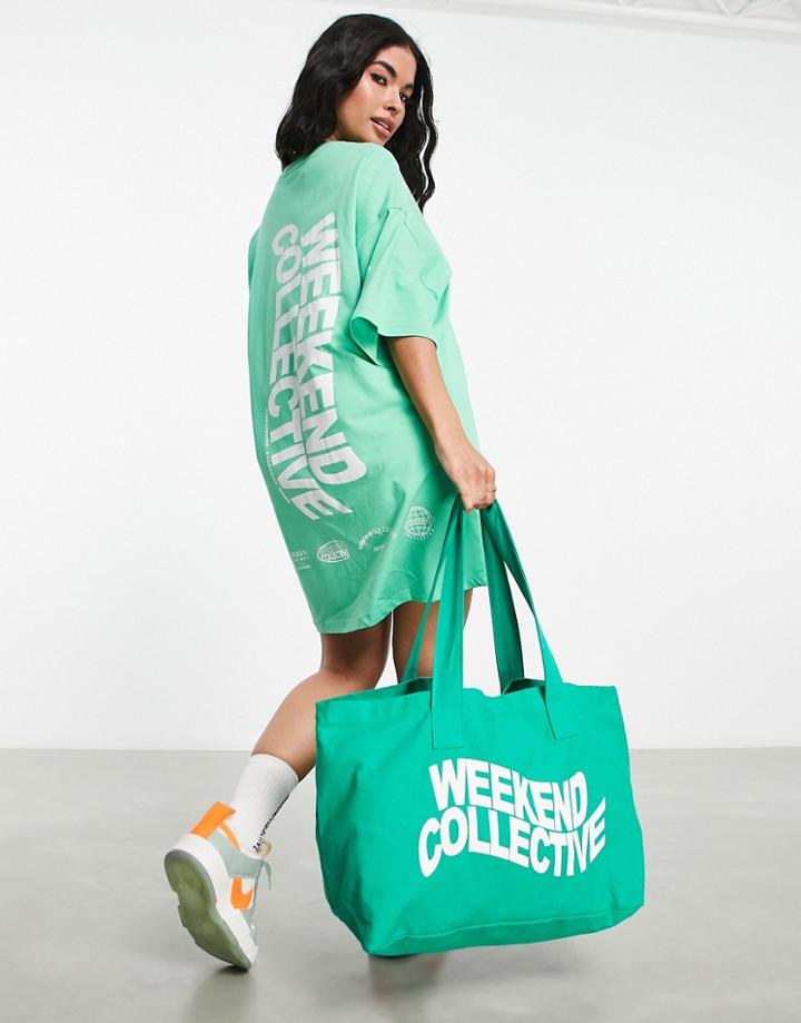 Asos Weekend Collective Oversized T-shirt Dress With Wavy Back Logo In Green