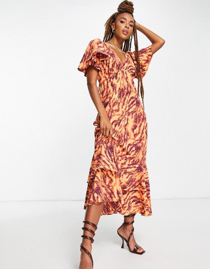 Topshop Woven Ruffle Sleeve Midi Dress In Zebra-multi
