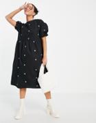 Native Youth Puff Sleeve Midi Smock Dress With Contrast Mushroom Embroidery-black