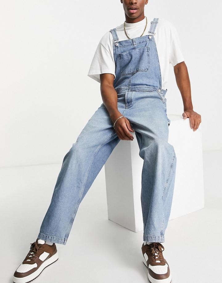 Topman Denim Overalls In Mid Wash-blue