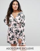 Asos Curve Long Sleeve Wrap Front Romper In Blurry Floral Print - Mult