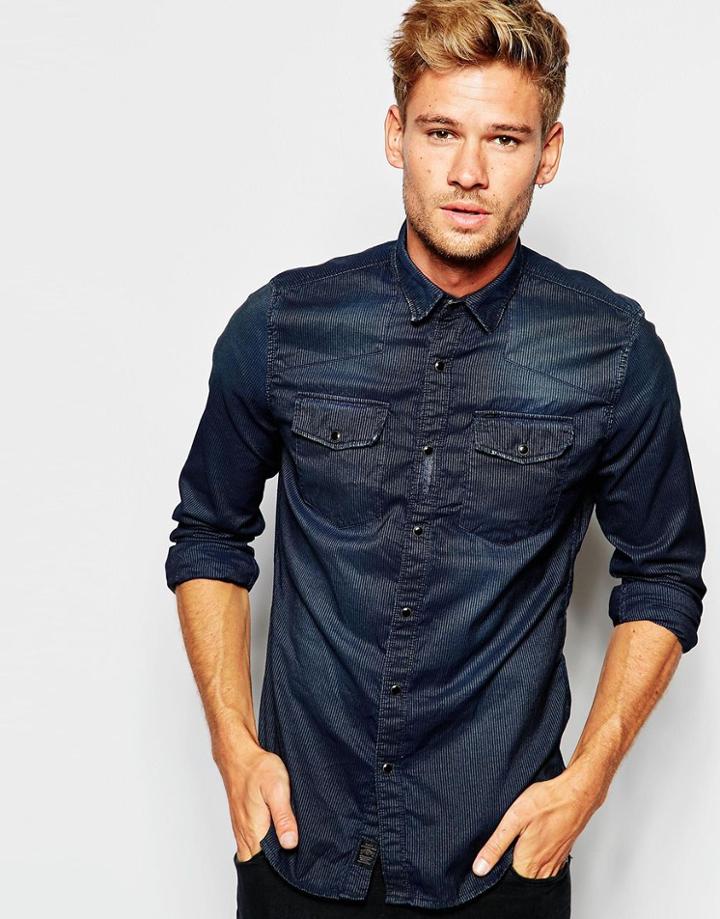 Pepe Shirt Benedict Slim Fit Western Indigo Washed Tonal Stripe - Dark Blue