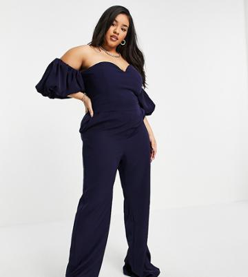 Yaura Plus Puff Sleeve Jumpsuit In Navy