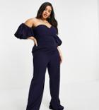 Yaura Plus Puff Sleeve Jumpsuit In Navy