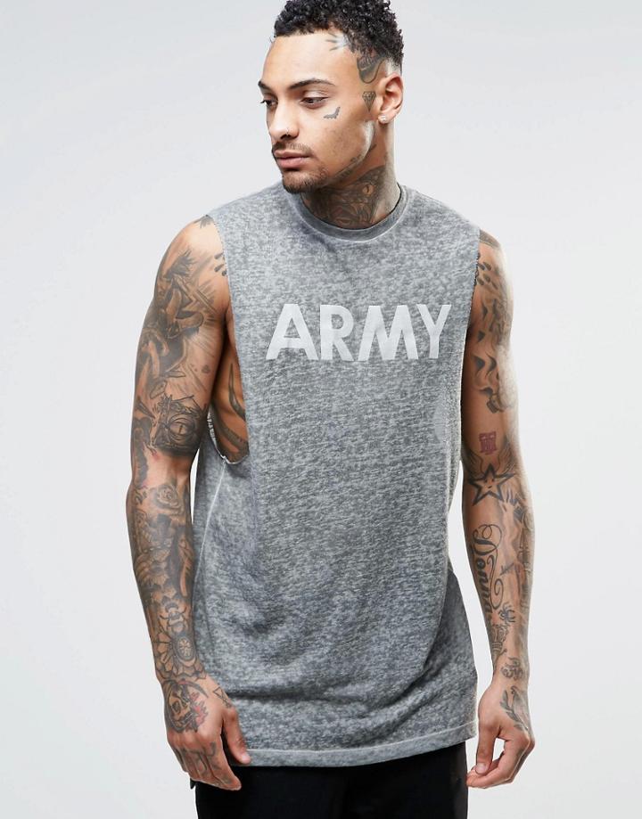 Asos Linen Look Longline Sleeveless T-shirt With Army Print And Oil Wash - Khaki