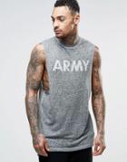 Asos Linen Look Longline Sleeveless T-shirt With Army Print And Oil Wash - Khaki