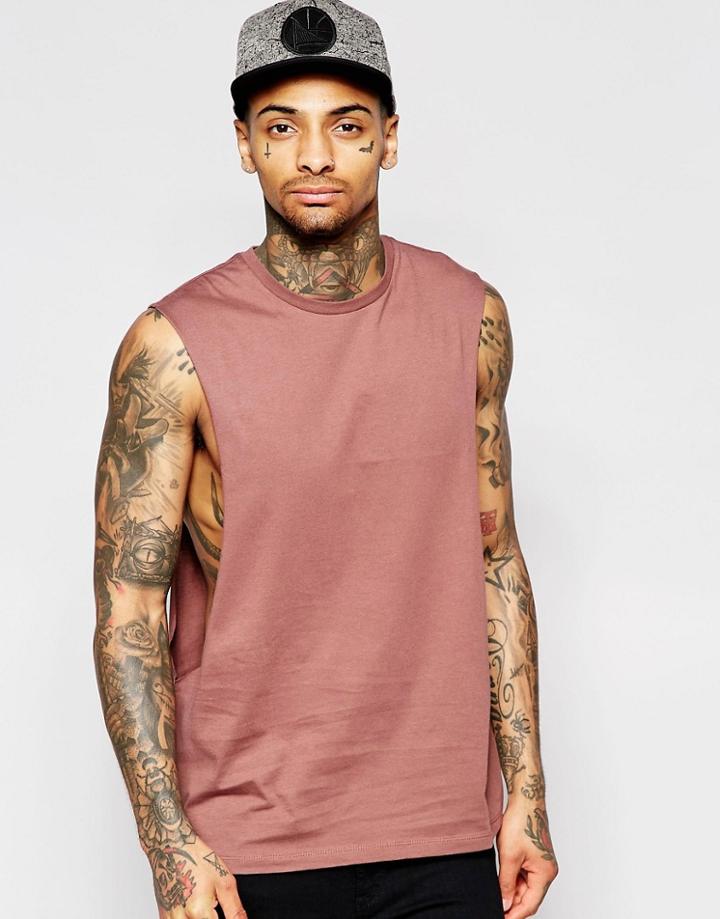 Asos Sleeveless T-shirt With Extreme Dropped Armhole In Red - Brown