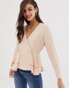 Asos Design Long Sleeve Tux Top With Button Detail-pink