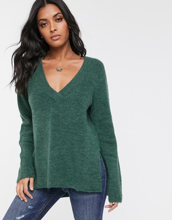 Vila V-neck Knitted Sweater With Side Slits-blue