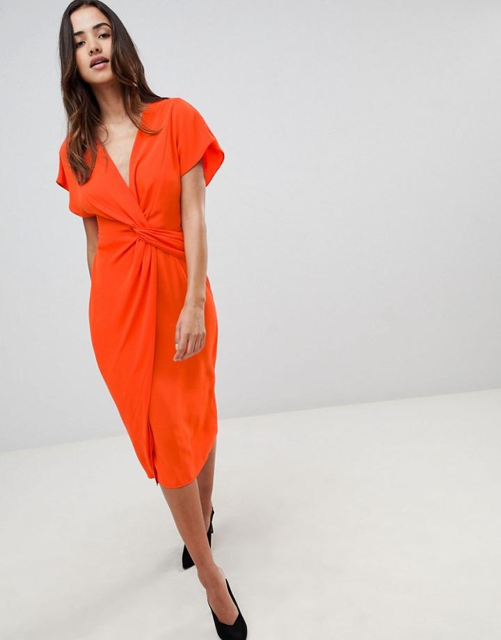 Asos Design Twist Midi Dress With Kimono Sleeve - Red
