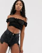 Public Desire Bardot Crop Top With Ruching In Mesh - Black