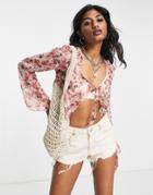 Emory Park Crop Tie Front Sheer Top In Vintage Floral-pink