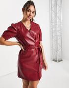 Vero Moda Faux Leather Mini Wrap Dress With Puff Sleeves In Dark Red