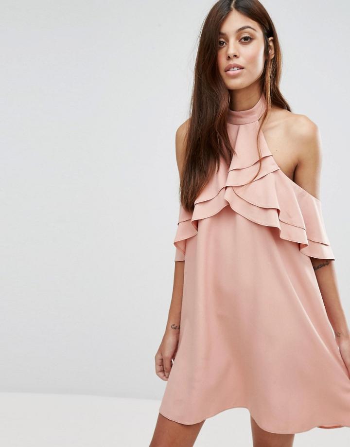 New Look High Neck Ruffle Mini Dress - Beige