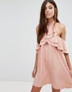 New Look High Neck Ruffle Mini Dress - Beige