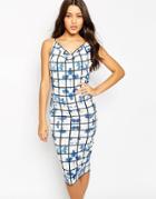 Asos One Shoulder Strappy Grid Marble Slinky Drape Midi Pencil Dress - Print